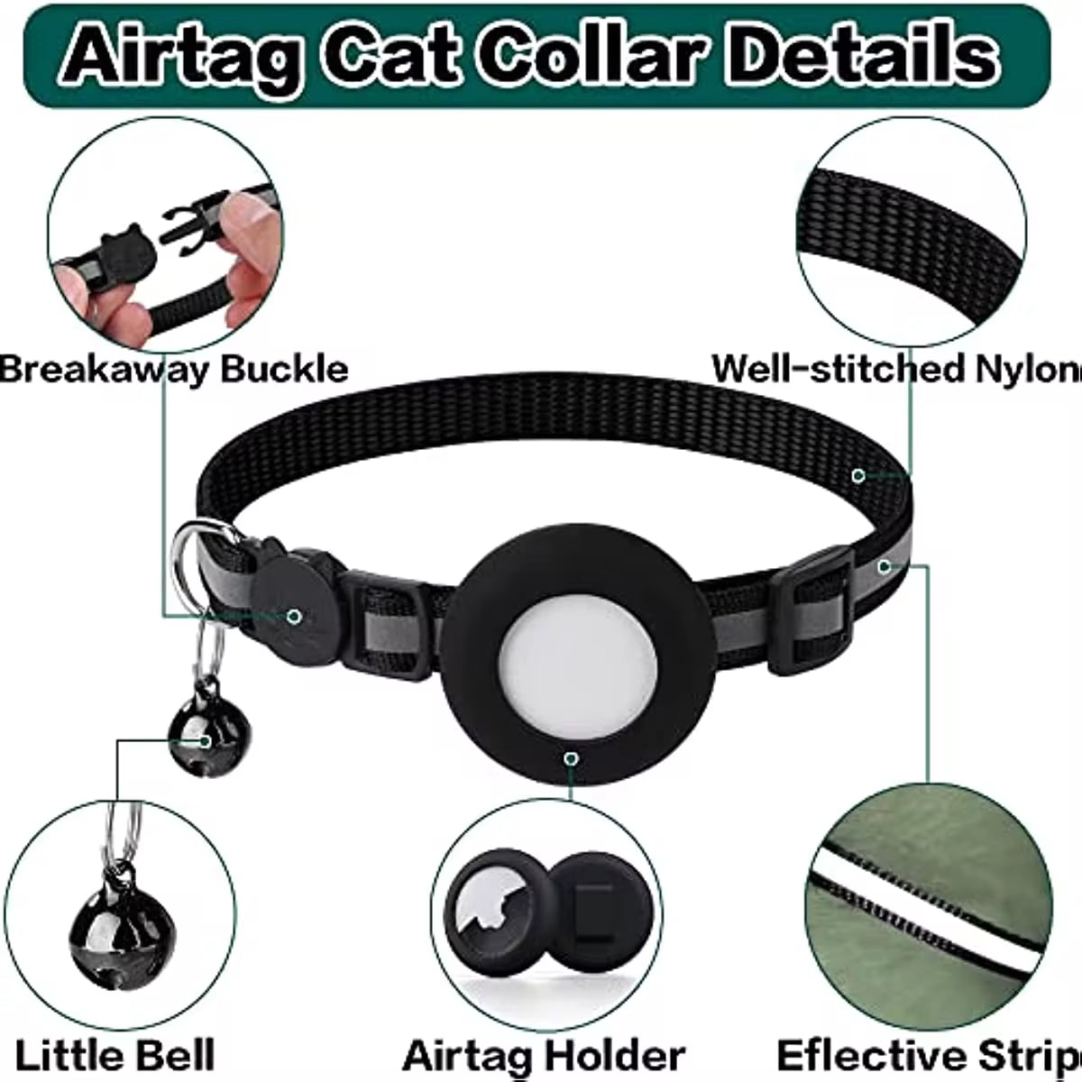 Breakaway Reflective Cat Collar with Apple AirTag Holder and Bell for Kittens, 0.4 Inches