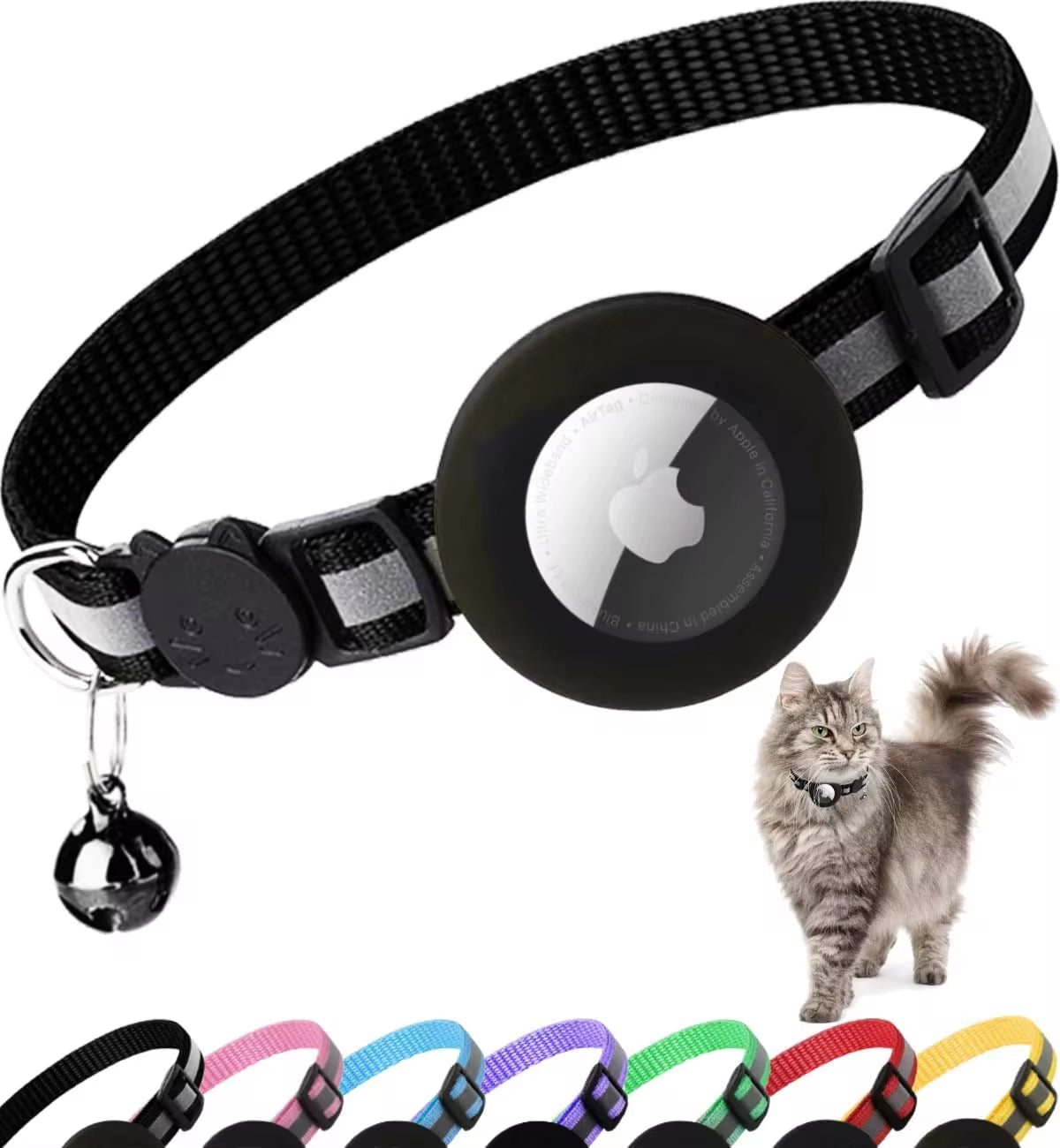 Breakaway Reflective Cat Collar with Apple AirTag Holder and Bell for Kittens, 0.4 Inches